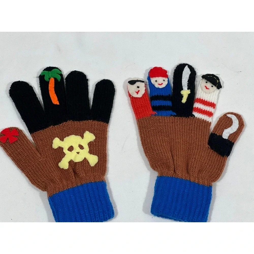 Kidorable‎ Kids Pirate Knit Gloves Blue Brown Skull Finger Puppets Handmade Soft